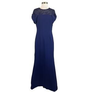 Blue Lace and Crepe Short Sleeve Evening Gown Size 6 JS Collections Formal Dress